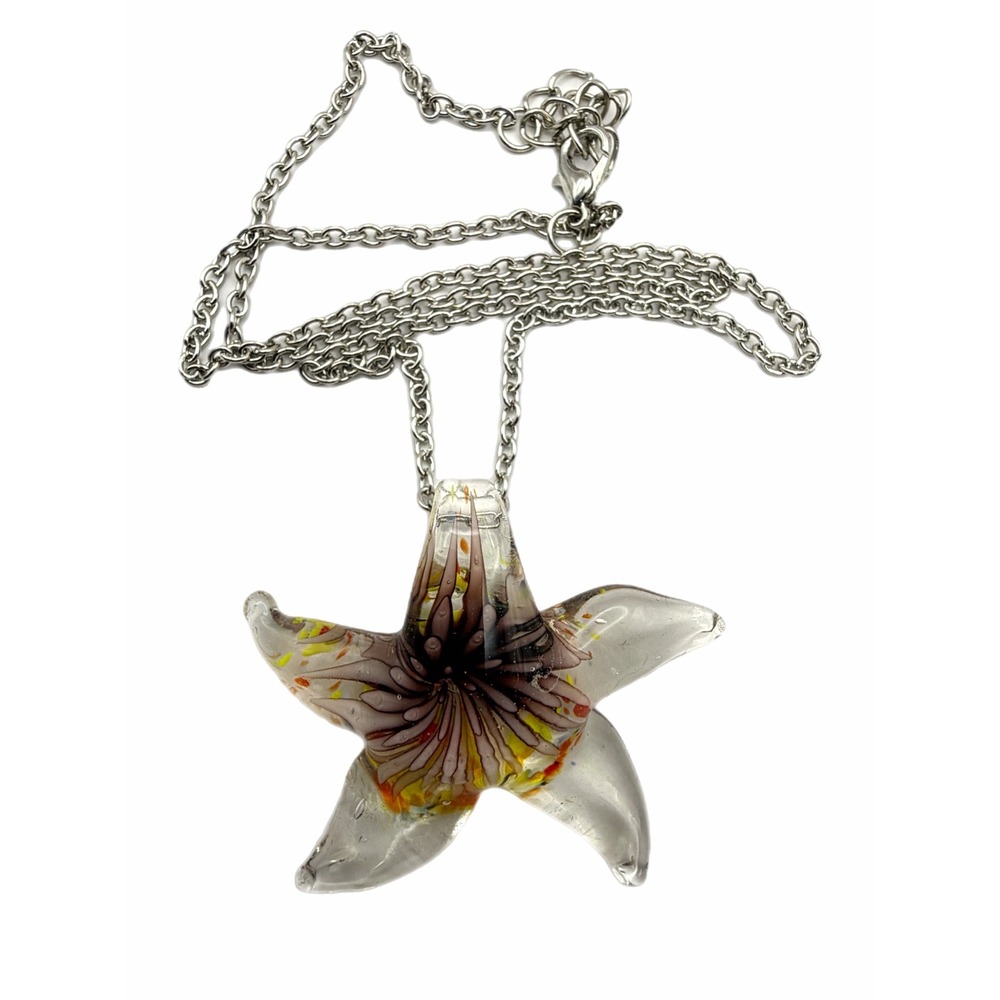 Hand Blown Glass Starfish Pendant Necklace Silver Tone Chain Coastal Jewelry
